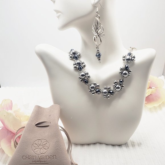 Midnight Ivy Hematite Jewelry - Silver & Dark Blue Necklace Bracelet Earring Set - Picture 9 of 14